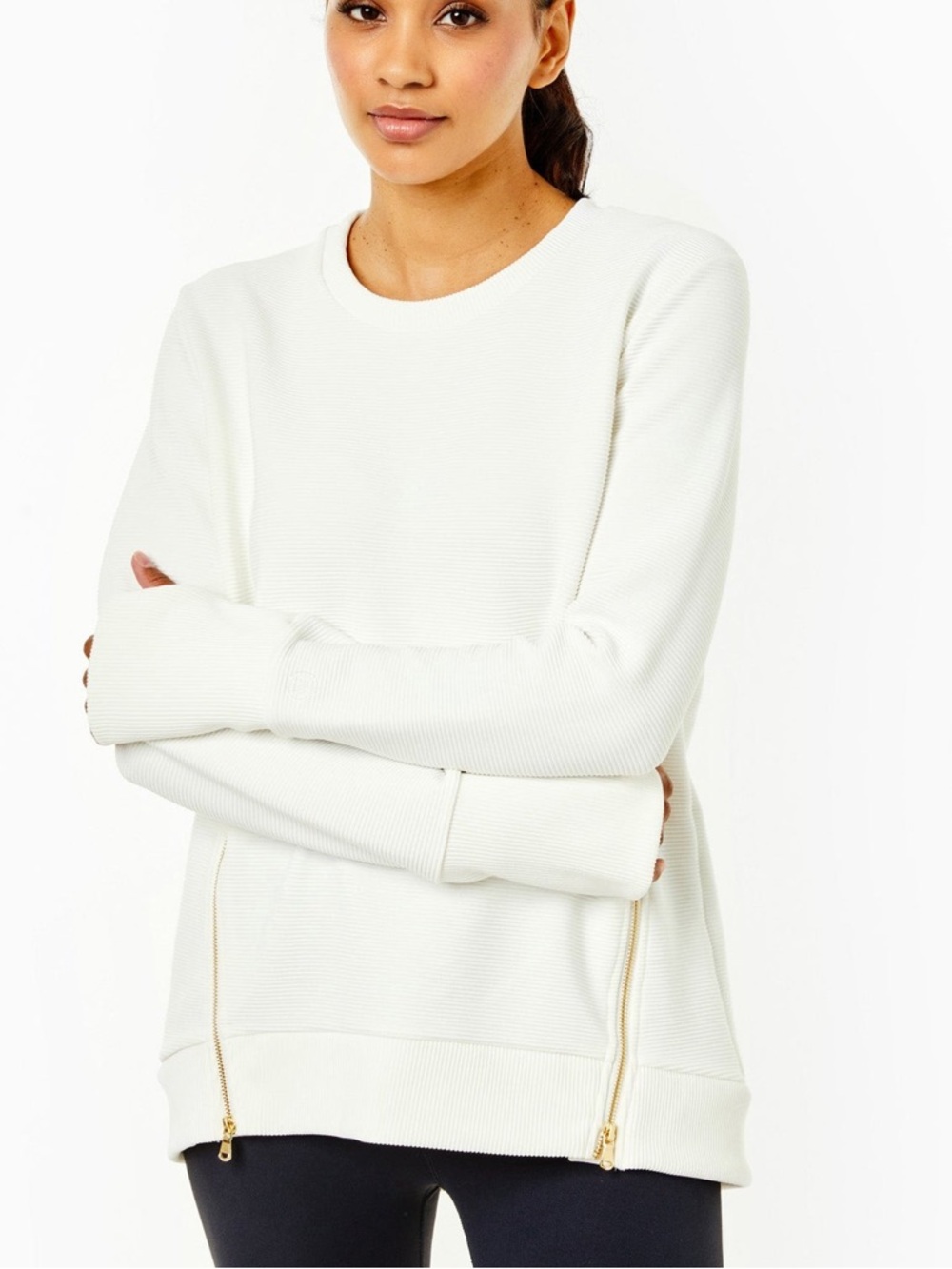 Addison Bay Beige Tan Active Rib Zip Everyday Crewneck Sweatshirt | L